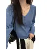 2025 Principios de Otoño Nueva Moda Cuello en V Un Botón Manga Larga Lino Corto Cardigan Tejido Superior Chaqueta Delgada Otoño