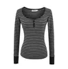Camiseta de Manga Larga a Rayas Gris Oscuro de Tres Botones para Mujer, Camiseta Básica Retro Americana de Cuello Redondo, Top Corto Versátil para Otoño