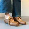 Zapatos de Ballet Estilo Crema 2026 de Piel de Oveja con Cordones, Aumento Oculto de Altura, Boca Baja, Diseño de Nariz de Cerdo, Zapatos de Cuero para Todas las Estaciones
