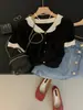 Blusa de Tricô Manga Curta Gola Boneca Estilo Chanel Pequena Rixo Rane em Seda Gelada para Mulheres, Cardigan Polo Gola V Francês