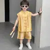 Conjunto de Verano para Niños de Tres Colores Teñido en Nube, Nuevo Estilo Chino, Botones, Sin Mangas, Conjunto de Dos Piezas Estilo Nacional Retro para Niños y Niños Pequeños