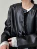 Jaqueta de Couro Curta Masculina Clássica de Gola Redonda Coreana de Botão Único para Mulheres 25 Outono Nova Jaqueta PU Versátil Jaqueta 8512
