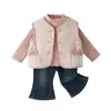 Suéter Bordado para Bebé y Niño Pequeño Chaleco de Felpa Floral para Niñas Ropa de Invierno Nuevo Estilo Jeans Gruesos con Forro Polar Conjunto de Tres Piezas
