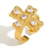Europeu e Americano Ins Moda Elegante Retrô Personalizado Joia de Mão Aço Inoxidável Banhado a Ouro 18K Cruz Diamante Colorido Anel Aberto para Mulheres