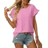 Amazon Camiseta Feminina Europeia e Americana Transfronteiriça 2025 Primavera e Verão Nova Cor Pura Gola Redonda Doce Manga Curta Recorte Top