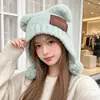 Gorro Pasamontañas con Pompones en las Orejas de Osito de Peluche Lindo para Mujer, Cálido Versátil para Otoño e Invierno, Protección para las Orejas