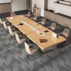 Mesa de recepção e conferência simples com padrão de madeira conjunto de mesa e cadeiras de escritório para negociação mesa de conferência com painel mesa longa mesa moderna