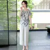 Camisa de Chiffon de Manga Curta para Mãe de Meia-Idade, Conjunto de Duas Peças Moderno e Elegante, Top de Corte Justo para Figuras Baixas, Roupa de Verão para Pessoas de 50 Anos