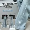 Calça jeans flare feminina, estilo fino de verão, corte solto com strass, calça boca de sino para meninas mais velhas e mais novas, calça infantil de verão