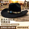 Sombrero de fieltro de ala ancha transfronterizo, sombrero de vaquero estilo western para mujer, fedora estilo británico vintage, sombrero de lana casual para exteriores