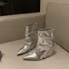 Botas de tacón alto apilado plateadas Chuyuji para mujer, Botines elegantes de punta para mujer petite, Otoño e Invierno