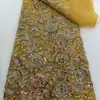 Tela de Malla con Bordado de Cuentas Pesadas, Cuentas Tubulares, Lentejuelas, Tela Bordada, Tela a Granel para Vestido de Banquetes, Vestido de Noche, Vestido de Novia