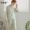 Pijama para Mujer Primavera y Otoño Satén de Rayón Delgado Pintura al Óleo Jardín Cebolla Verde Años Mangas Cortas Pantalones Cortos Conjunto de Dos Piezas t
