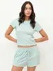 Pijama de Verano Estilo Europeo y Americano de Dos Piezas para Mujer de Temu, Camiseta Casual Estampada de Manga Corta y Shorts, Conjunto para Casa
