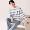 Pijama 180g 100% Algodão Puro Tendência Masculina Outono Novo Estilo Manga Longa Calça Longa Pulôver Roupa de Casa Conjunto de Duas Peças