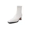 Botas femininas slim super elásticas, novas botas curtas elásticas de salto alto grosso com bico quadrado e zíper traseiro para outono e inverno para mulheres