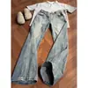 Jeans Masculino com Padrão de Relâmpago High Street Americano Nova Coleção Primavera e Outono Marca Tendência Lavado e Desgastado Solto Versátil Calça Reta Tendência