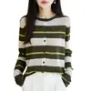 Cardigã de tricô com gola redonda e listras color-block estilo Old Money, suéter fino feminino com detalhes vazados, peça externa fashion, top solto e casual