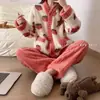 Pijama de Coral Fleece de Invierno para Mujer, con Terciopelo Plus, Bata Gruesa de Franela, Conjunto Suelto de Terciopelo de Algodón Shu Jacquard