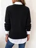 Estilo Casual Europeo y Americano Top para Mujer Suéter Negro de Punto con Cuello de Camisa Blanco Patchwork Falso Dos Piezas Top en Capas