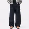 Calça Jeans Masculina Americana Peso Pesado Casual Retrô Lavada Estilo Desgastado Micro-Afunilada Algodão Perna Larga Azul Escuro Pronta Entrega