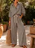 Comercio Exterior Transfronterizo Camisa Rayada Pantalones de Pierna Ancha Conjunto de Dos Piezas Solapa Mangas Abullonadas Cordón Estilo Casual Vacacional Ropa para Mujer Verano
