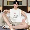 Pijama de Verano para Hombre, Chaleco sin Mangas y Shorts Finos de Algodón Puro, Color Sólido, Simple y Holgado, Se Puede Usar Afuera, Conjunto para el Hogar