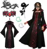 Nuevos Disfraces Europeos y Americanos de Halloween para Niños Disfraz de Bruja Medieval Retro con Cordones Cuello Alto Mangas de Campana Vestido Largo Estampado