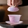 Juego de Té de Porcelana Kung Fu con Color Esmaltado, Tazón de Cerámica de Tres Piezas con Tapa, Taza de Té, Taza de Maestro, Taza de Té Decorada con Flores Hecha a Mano