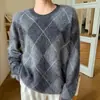 Otoño Invierno 2026 Cuello Redondo Patrón de Diamantes Tejido de Lana Felpa para Mujer Grueso Estilo Perezoso Retro Cepillado Suéter Holgado