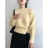 Estilo simple, diseño de abertura lateral, suéter de punto redondo para mujer, adecuado para primavera, otoño e invierno, longitud corta, perfecto como capa interior o capa base