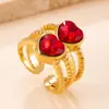Anillo de acero inoxidable transfronterizo con un toque de lujo ligero y de alta gama, anillo abierto con doble capa de circonita en forma de corazón para mujer, chapado en oro de 18k