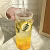 Vaso de pajita de vidrio de gran capacidad estilo ins con tapa para verano, vaso para beber jugo de alto valor, Vidrio de borosilicato alto