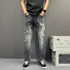 Jeans Original Tendência Nacional de Nicho com Estampa 3D de Cavalo e Dragão para Homens, Calça Longa Casual de Corte Reto Solto High Street