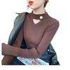 Otoño e Invierno Nuevo Sentido del Diseño Calado Combinable Camiseta Base de Punto para Mujer Ajustada Adelgazante Cuello Medio Alto Suéter Top