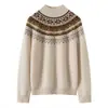 Suéter Tricot Vintage Fair Isle Consinee 100% Caxemira Pura para Mulheres, Solto e Macio, Afinando e Versátil