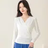 [Processamento Personalizado] Camiseta de Manga Longa Canelada de Seda de Amora para Mulheres, Corte Justo, Cor Sólida, Gola Cruzada, Top Simples