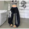 Calça de Moletom com Padrão de Rua Americano Transfronteiriço para Mulheres, Calça Solta Retrô para Mulheres, Tiras Estampadas, Calça Casual Hip-Hop para Mulheres