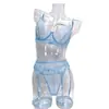 Bestseller transfronterizo: Conjunto de lencería sexy de encaje transparente con sujetador con aros, portaligas y anillos para las piernas, conjunto erótico de puro deseo