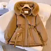 Parka Feminina Comprimento Médio Emagrecedora Com Capuz Gola Grande de Pelo Forrada com Lã Algodão Tamanho Grande Estilo Coreano Outono Inverno Roupa de Fora Quente
