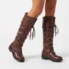 Botas Altas Plisadas Estilo Retro Europeo 2026 para Mujer con Cordones Tacón Grueso Botas Largas Suela Plana Botas de Montar Tallas Grandes Botas para Mujer