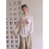 Camiseta Manga Longa Solta Relaxada Estilo Coreano para Mulheres Verão Fina Levemente Transparente Estampada Branca Fina Proteção Solar Cover-up
