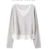 Recién llegado: Suéter de Punto de Seda Helada Falso Gris Claro de Dos Piezas, Nuevo Estilo Primavera/Verano 2026, Top de Punto con Cordón y Empalmes, Cuello en V para Mujer