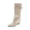 ~Fivela de Cinto Retrô Bico Fino Salto Plataforma Botas de Calça Femininas Botas Altas Plissadas Botas de Equitação Não Acima do Joelho Botas Longas Maillard