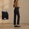Jeans cropped reto azul original de alta cintura para mulheres, com elasticidade 360 em quatro direções, anti-desbotamento, modelagem que afina, bordado, estilo versátil