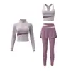 Conjunto de treino para academia para mulheres, com tecido de toque natural para yoga, color block, afina a cintura, top com zíper, cintura alta, levanta bumbum, calça fitness