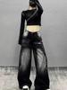 Jeans Largo com Design Gradiente Preto Americano para Mulheres Inverno Novo Solto Cintura Alta Formato Pera Calças Longas