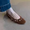 Versão em Pele de Ovelha~Sapatos Slip-On com Fivela Estilo Retro Novo para Mulheres, Bico Redondo Baixo, Flores, Sapatilhas Planas Confortáveis