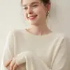 Camisa de Punto Cosida de Manga Larga de Color Sólido con Mangas Raglán Cuello Redondo Plano Capa Base Interior para Mujer en Otoño e Invierno Blanco Crema Estilo Europeo y Americano