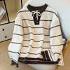 Suéter de punto de lana a rayas para mujer, jersey con bloques de color, corbata y cuello semiabierto, estilo otoño e invierno, top suéter de color contrastante